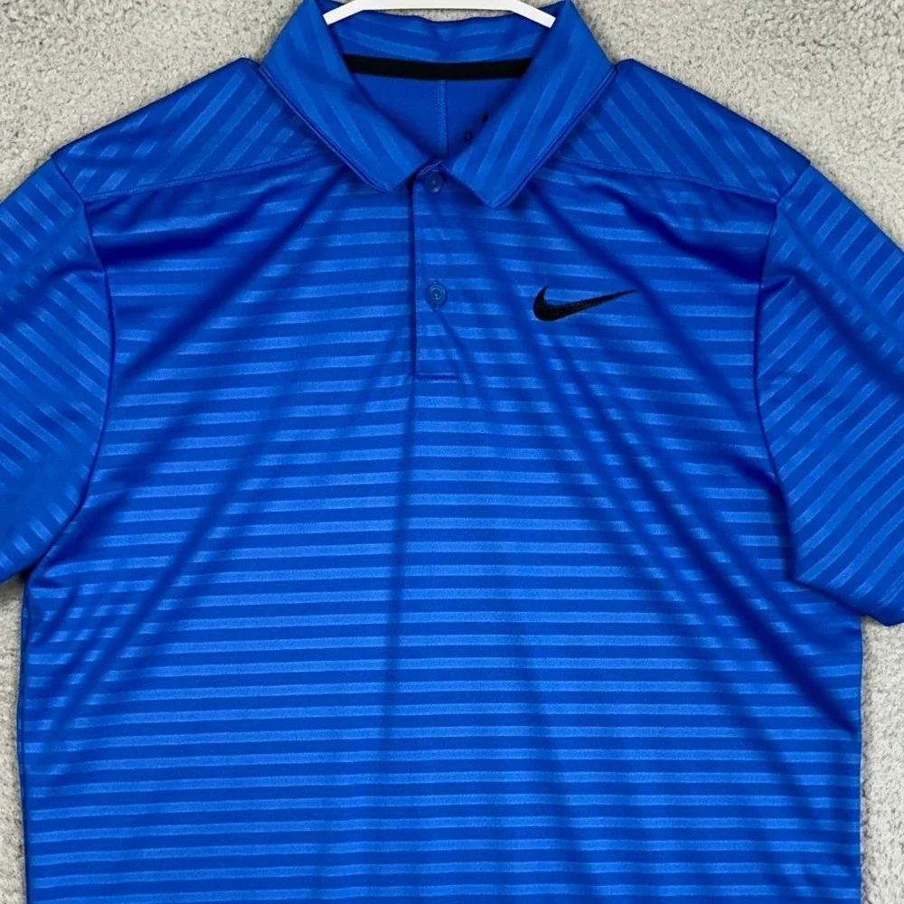 Nike Dri-FIT Polo Shirt Mens Medium Royal Blue Striped Golf Rugby Short Sleeve